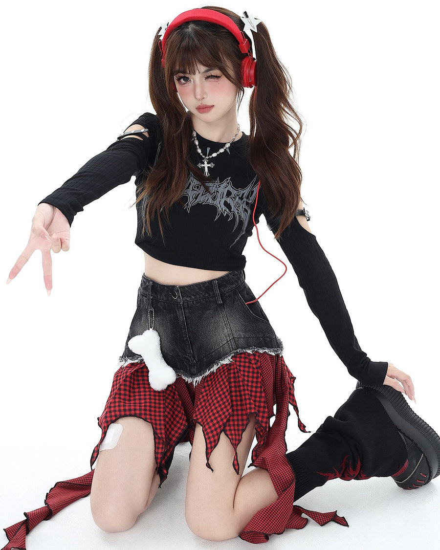 EDGY PUNK ROCK DENIM SKIRT BONE CHARM ROCK DENIM