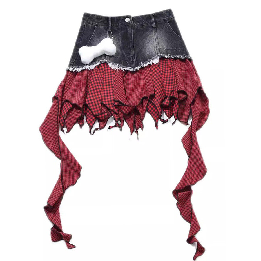 EDGY PUNK ROCK DENIM SKIRT BONE CHARM ROCK DENIM