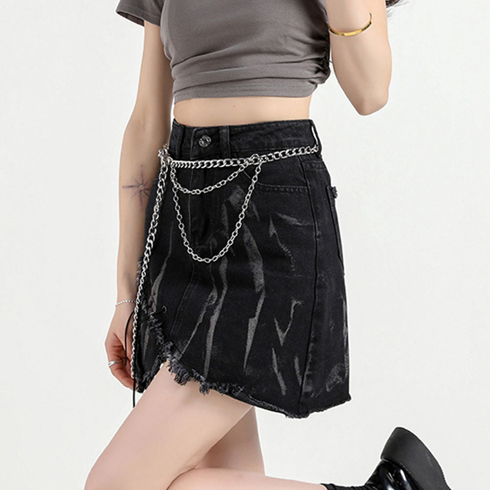 EDGY REBEL BLACK DENIM SKIRT WITH CHAIN BELT
