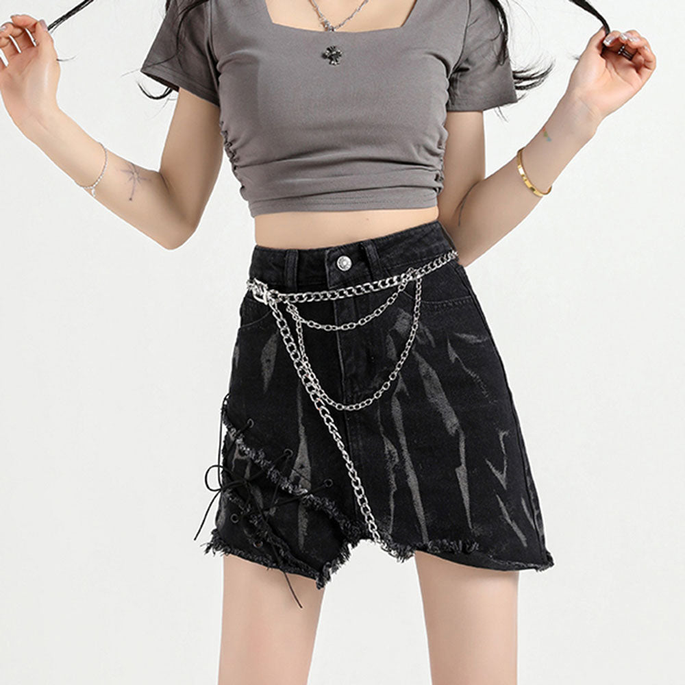 EDGY REBEL BLACK DENIM SKIRT WITH CHAIN BELT