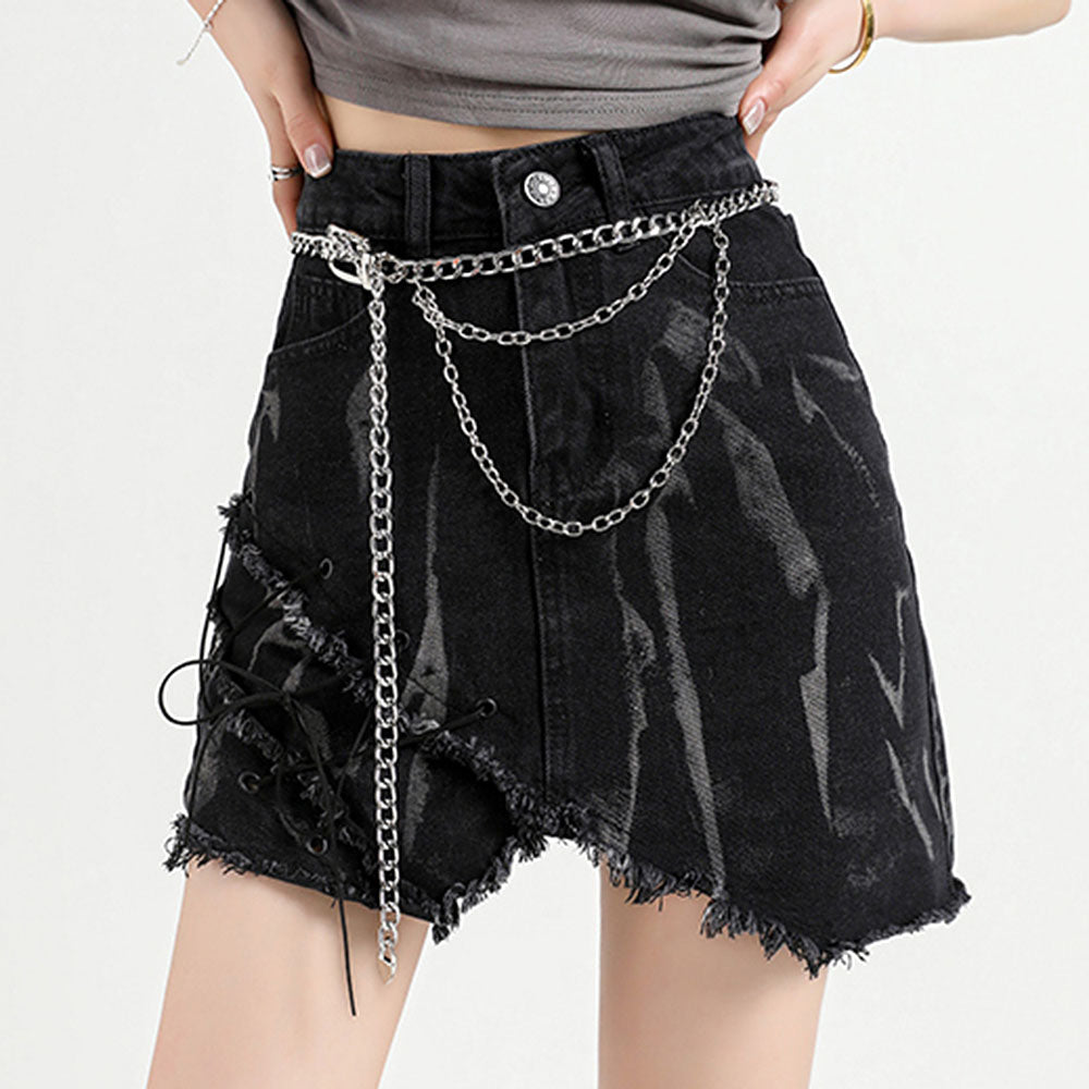 EDGY REBEL BLACK DENIM SKIRT WITH CHAIN BELT