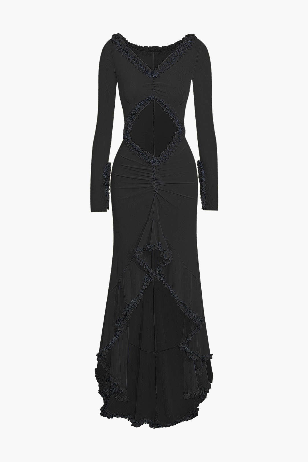 ELEGANT HOLIDAY DRESS WITH DIAMOND CUTOUT AND RUFFLED TRIM