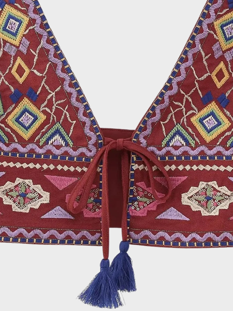EMBROIDERED BURGUNDY CROP TOP WITH TASSELS FOR STYLISH WOMEN’S UNIQUE FIGURE