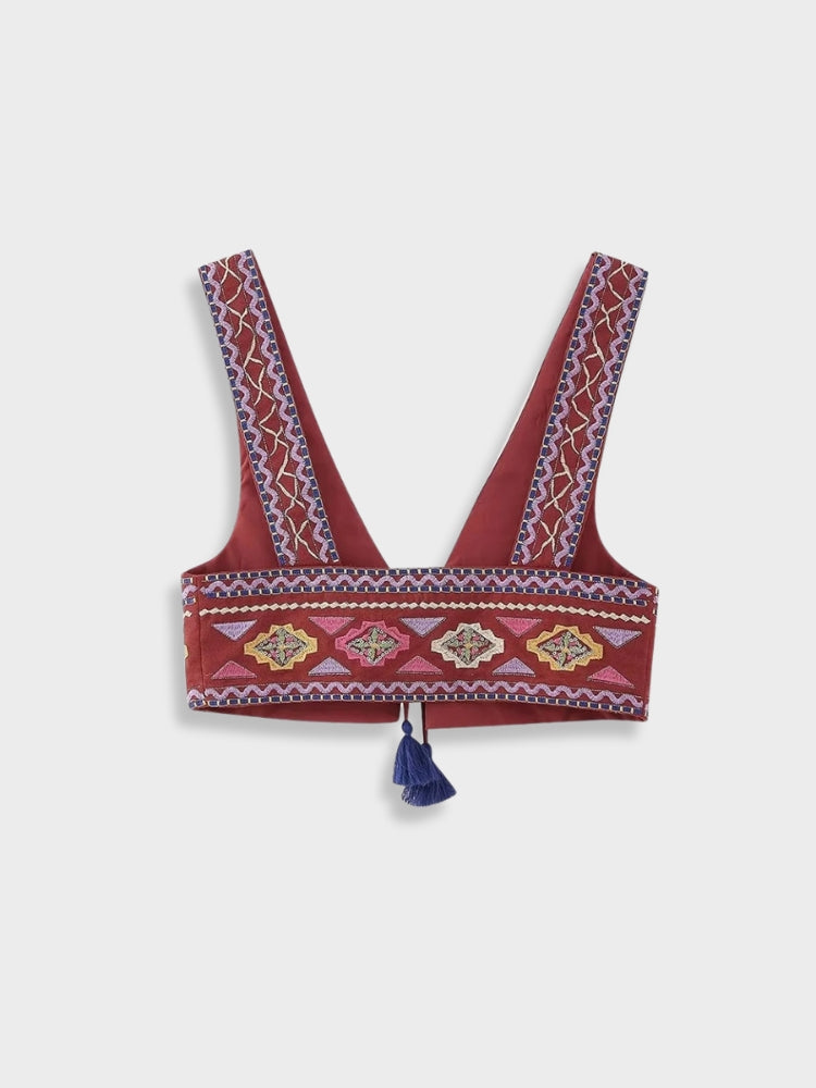 EMBROIDERED BURGUNDY CROP TOP WITH TASSELS FOR STYLISH WOMEN’S UNIQUE FIGURE