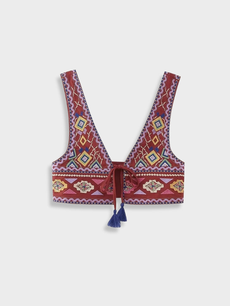 EMBROIDERED BURGUNDY CROP TOP WITH TASSELS FOR STYLISH WOMEN’S UNIQUE FIGURE