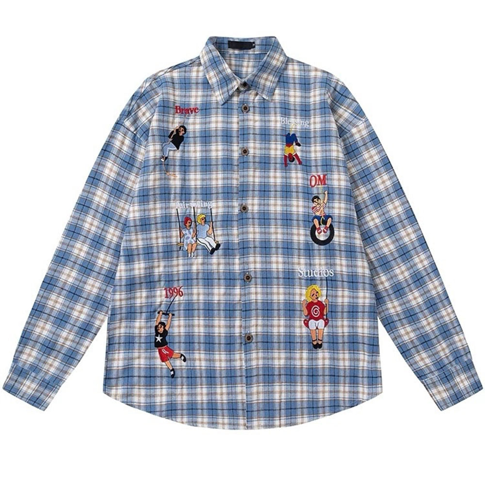 EMBROIDERED PLAID SHIRT INDIE AESTHETIC BUTTON-DOWN