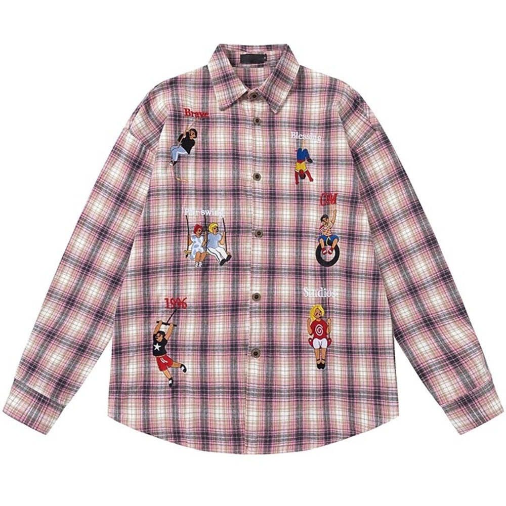 EMBROIDERED PLAID SHIRT INDIE AESTHETIC BUTTON-DOWN