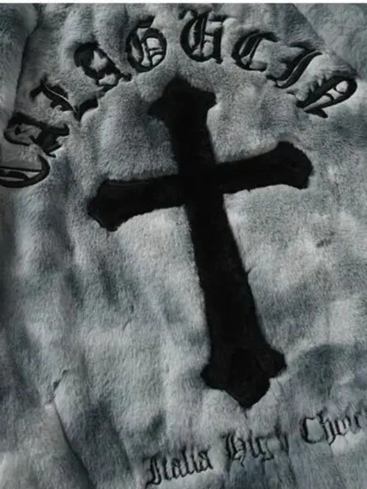 FAUX FUR JACKET WITH CROSS - RECOMMEND SIZING