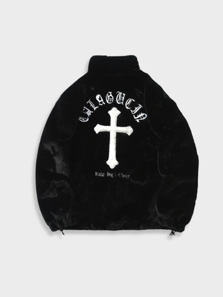 FAUX FUR JACKET WITH WHITE CROSS FOR WINTER ADVENTURES AND EVERYDAY WEAR