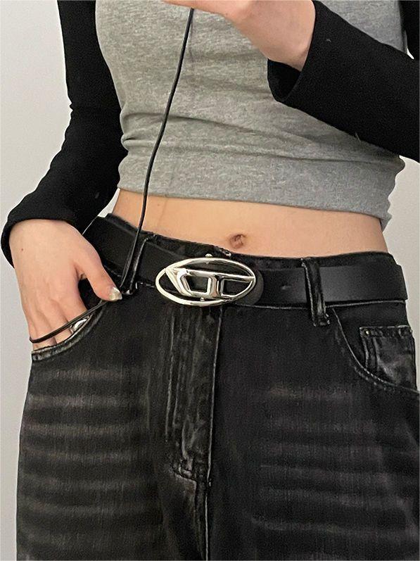 FAUX LEATHER BELT WITH SILVER D BUCKLE - BLACK FAUX LEATHER BELT