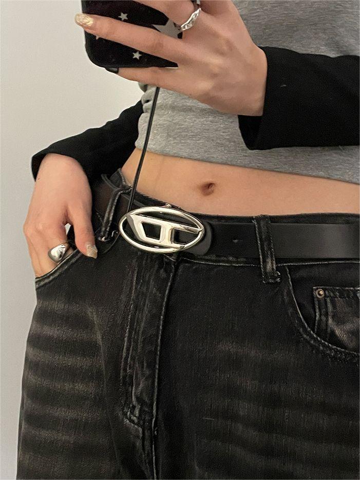 FAUX LEATHER BELT WITH SILVER D BUCKLE - BLACK FAUX LEATHER BELT