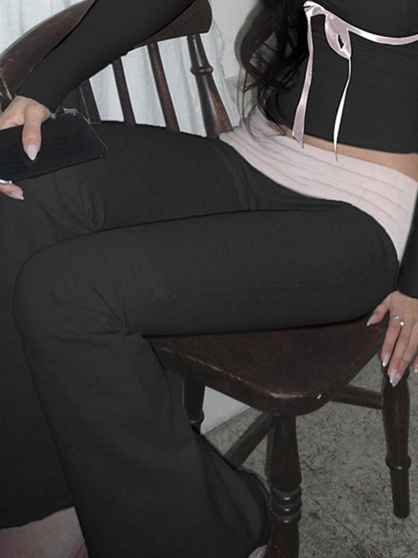 FLARED PANTS BLACK Y2K LOW WAIST CONTRAST DESIGN