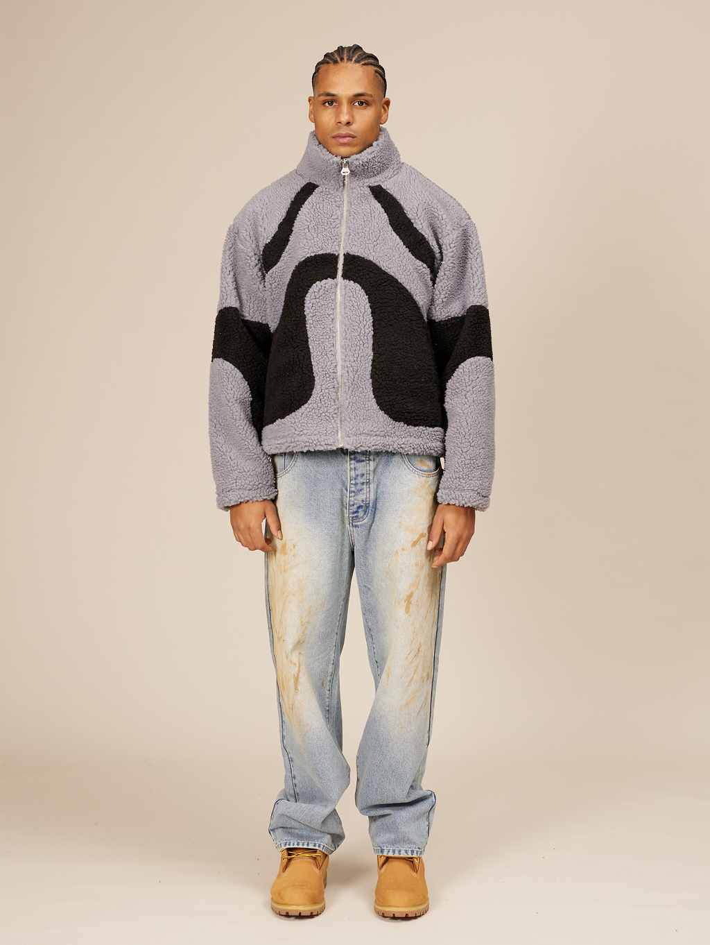 FLEECE JACKET GRAY AND BLACK OVERSIZED DROPPED SHOULDER DESIGN