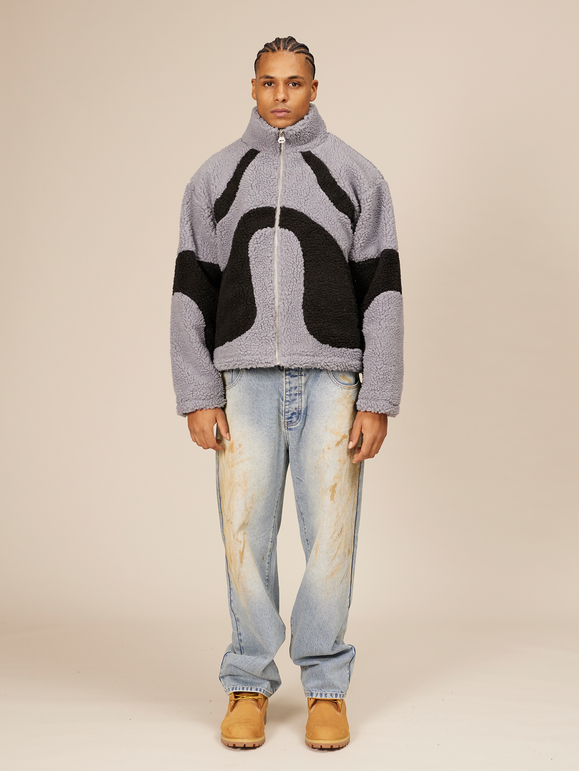 FLEECE JACKET GRAY AND BLACK OVERSIZED DROPPED SHOULDER DESIGN