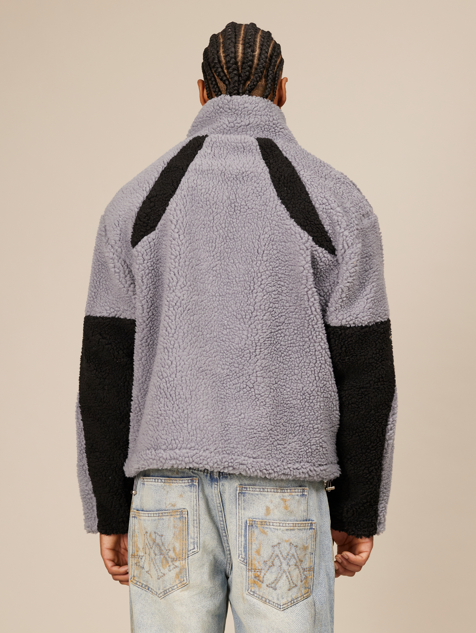 FLEECE JACKET GRAY AND BLACK OVERSIZED DROPPED SHOULDER DESIGN