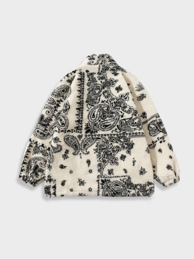 FLEECE JACKET WITH WHITE AND BLACK PAISLEY PATTERN
