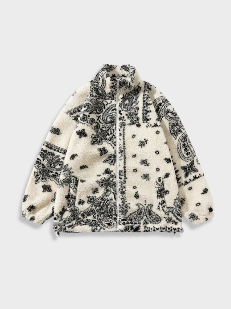 FLEECE JACKET WITH WHITE AND BLACK PAISLEY PATTERN