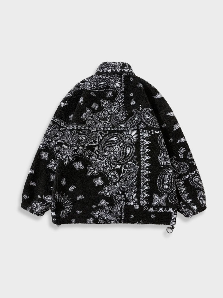 FLEECE JACKET WITH WHITE AND BLACK PAISLEY PATTERN