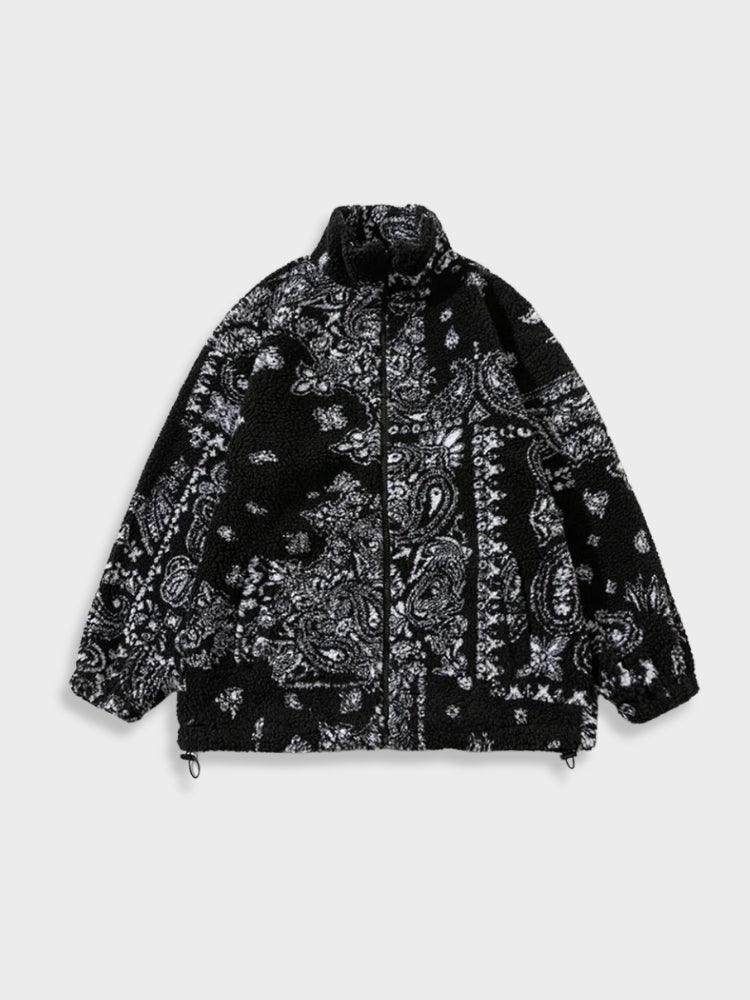 FLEECE JACKET WITH WHITE AND BLACK PAISLEY PATTERN