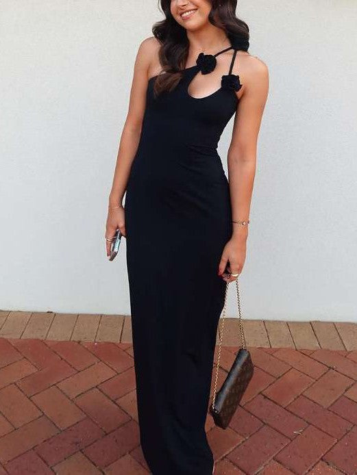 FLORAL ACCENT GOWN WITH ASYMMETRIC SHOULDER DESIGN