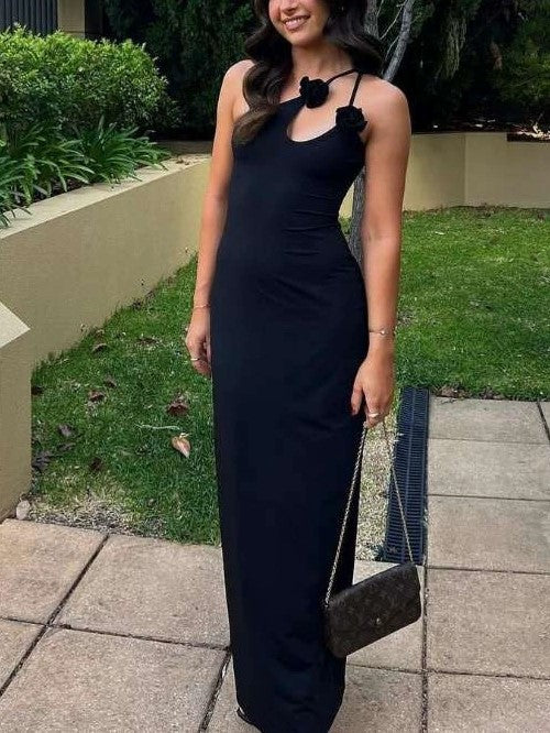 FLORAL ACCENT GOWN WITH ASYMMETRIC SHOULDER DESIGN