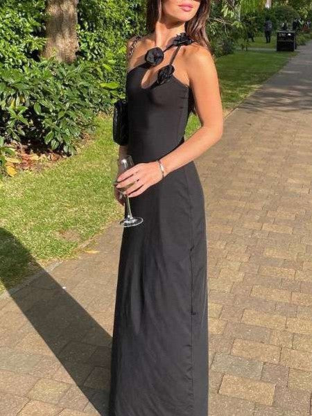 FLORAL ACCENT GOWN WITH ASYMMETRIC SHOULDER DESIGN