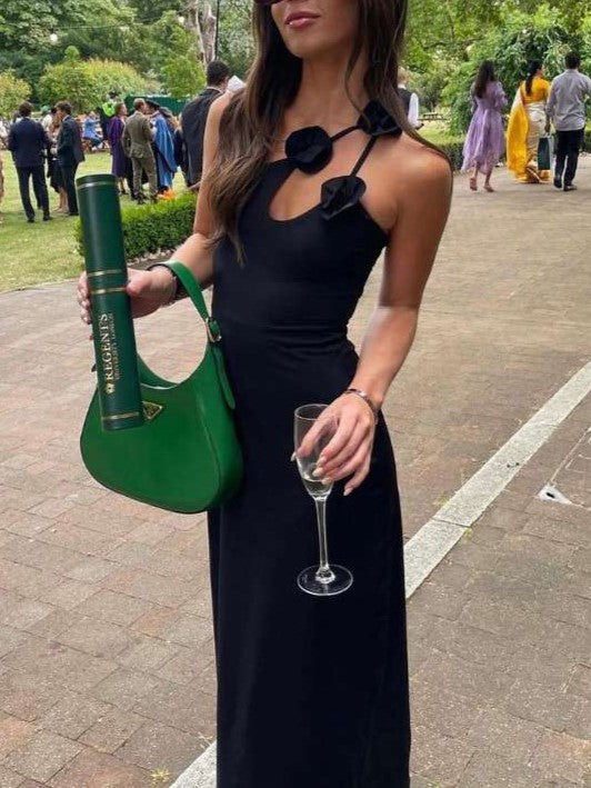 FLORAL ACCENT GOWN WITH ASYMMETRIC SHOULDER DESIGN