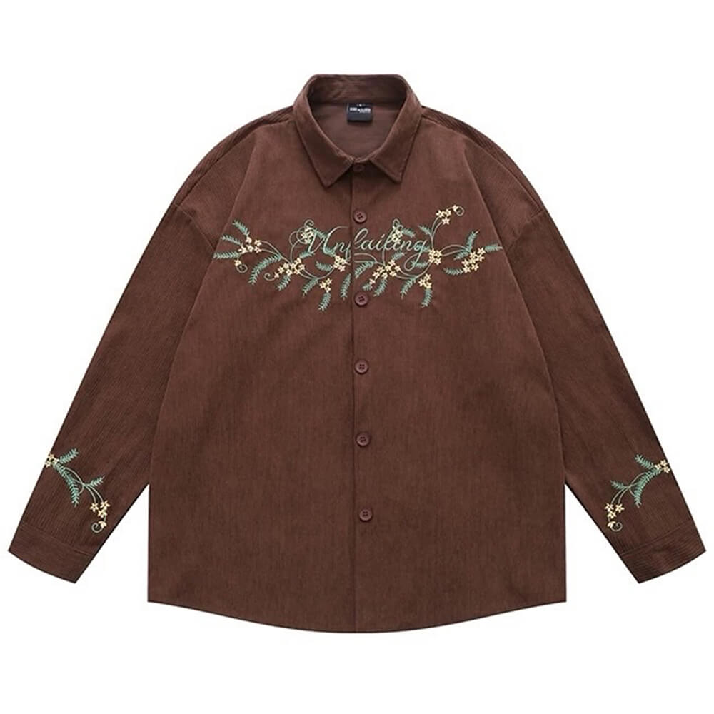 FLORAL EMBROIDERED CORDUROY SHIRT EARTHCORE AESTHETIC FLORAL