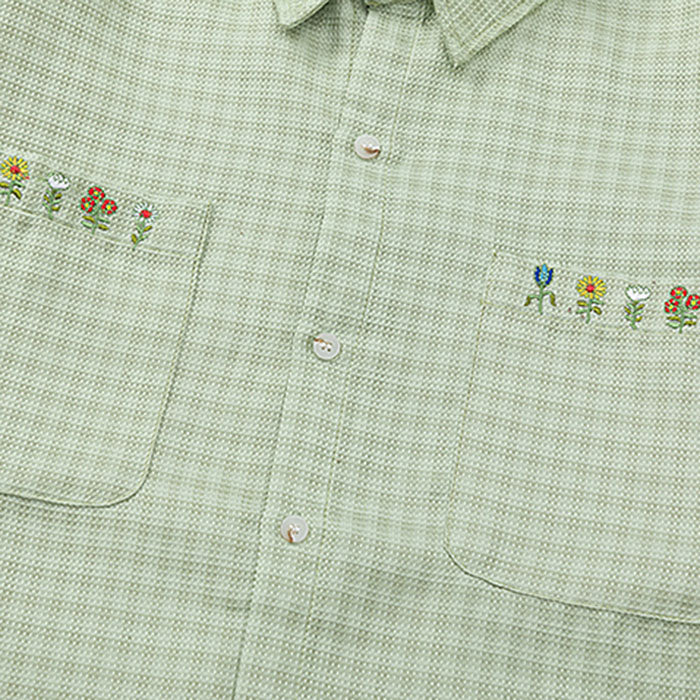 FLORAL EMBROIDERY GINGHAM SHIRT: YELLOW CHECKERED TOP