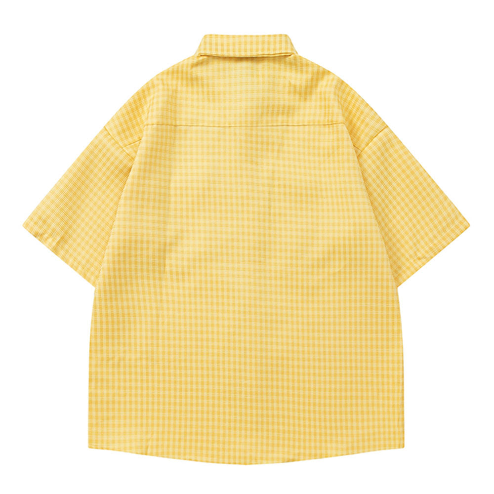 FLORAL EMBROIDERY GINGHAM SHIRT: YELLOW CHECKERED TOP