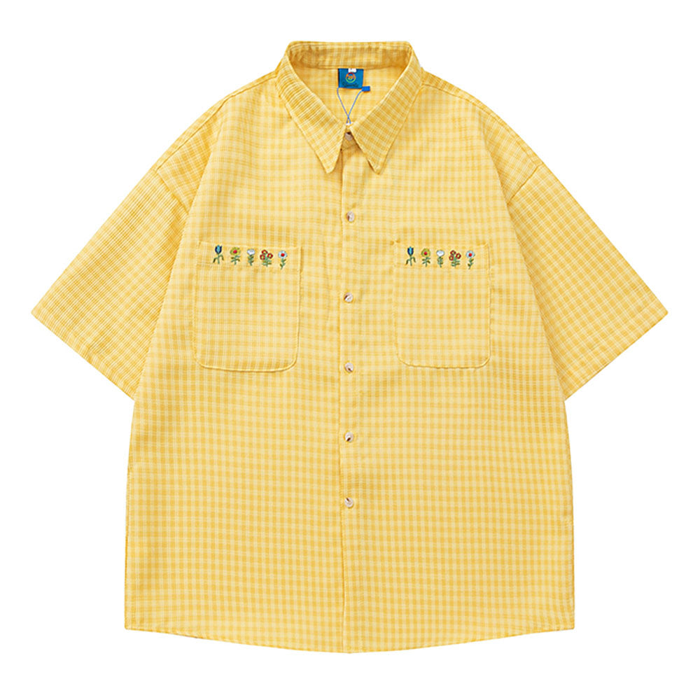 FLORAL EMBROIDERY GINGHAM SHIRT: YELLOW CHECKERED TOP