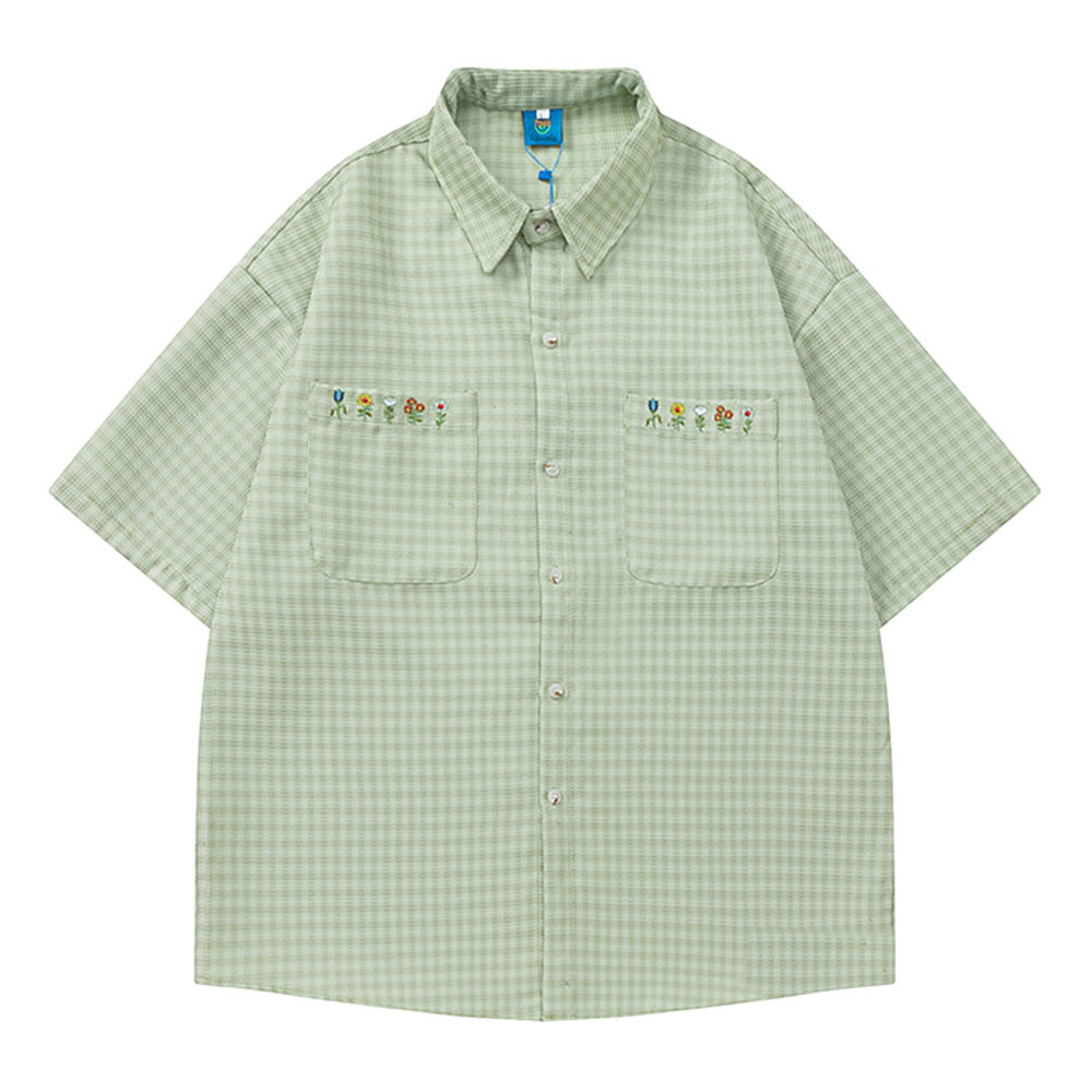 FLORAL EMBROIDERY GINGHAM SHIRT: YELLOW CHECKERED TOP