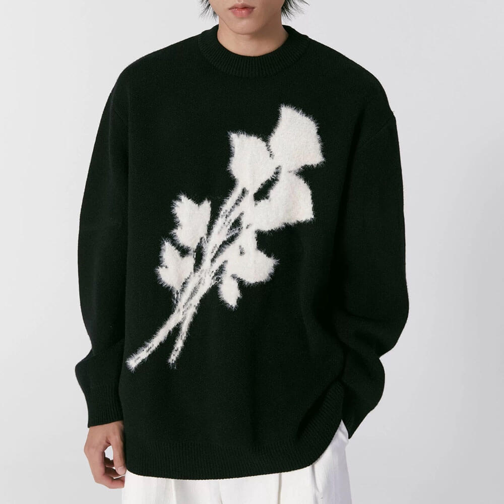 FLORAL KNIT: OVERSIZED BLACK SWEATER ROSE PRINT