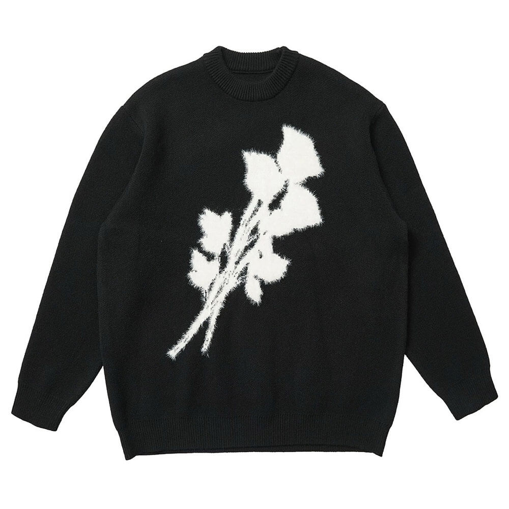 FLORAL KNIT: OVERSIZED BLACK SWEATER ROSE PRINT