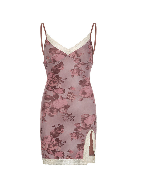 FLORAL LACE-TRIMMED HALTERNECK MINI DRESS