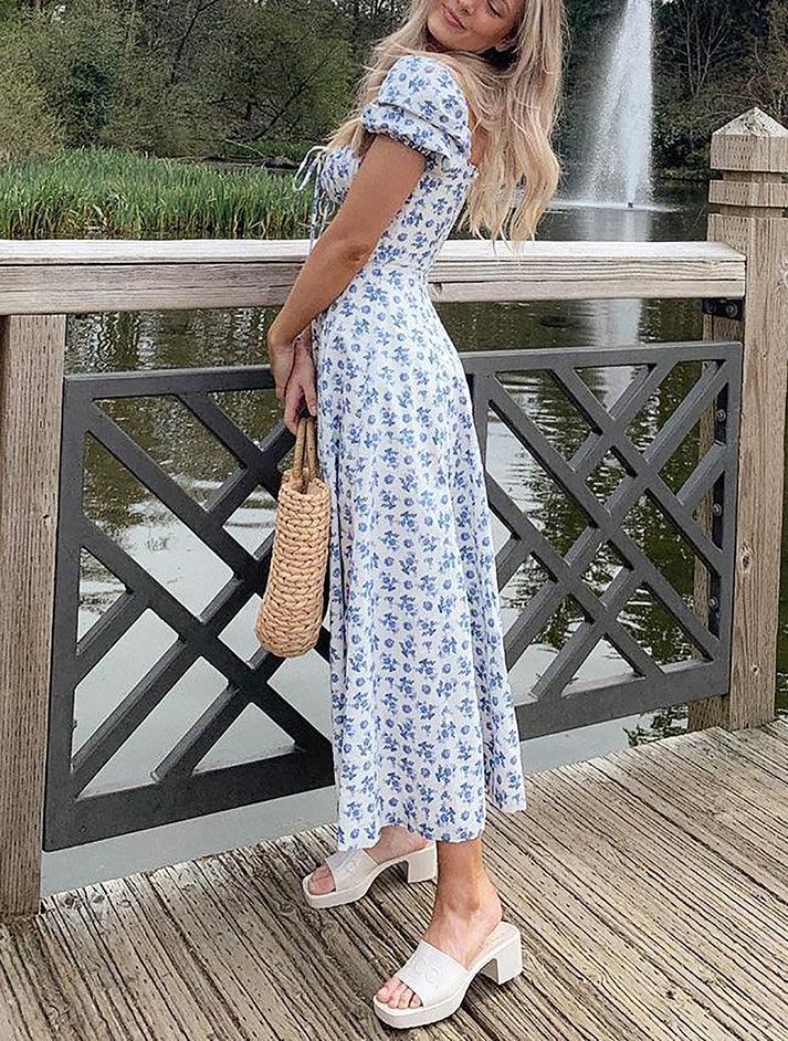 FLORAL MAXI DRESS WITH THIGH-HIGH SLIT - FLORAL MAXI