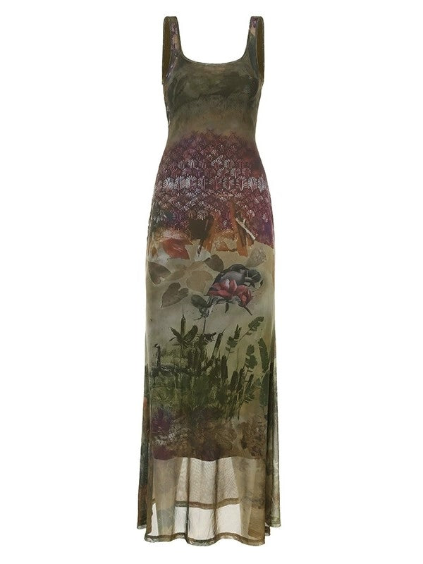 FLORAL MAXI DRESS WITH VINTAGE BOTANICAL U-NECK DESIGN