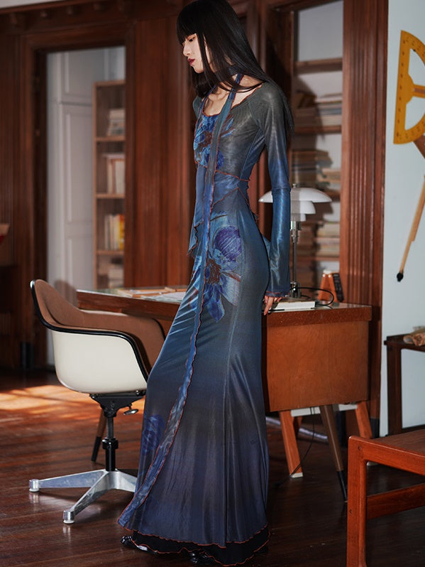 FLORAL MESH DRESS WITH SHOULDER FLORAL MESH DETAIL