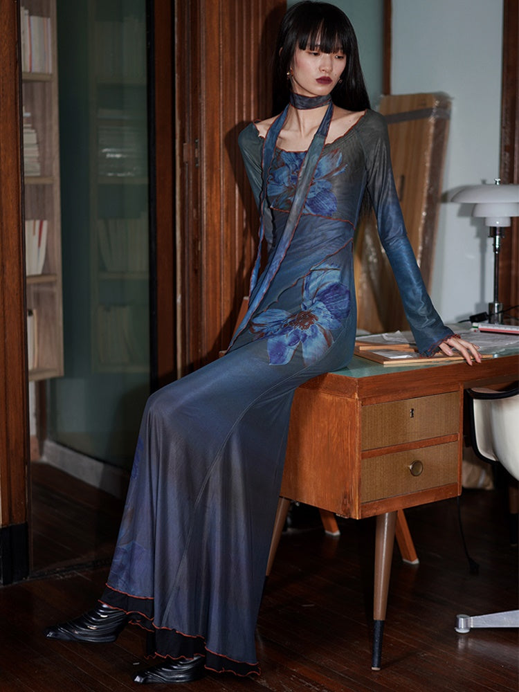 FLORAL MESH DRESS WITH SHOULDER FLORAL MESH DETAIL