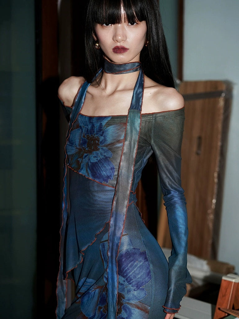 FLORAL MESH DRESS WITH SHOULDER FLORAL MESH DETAIL