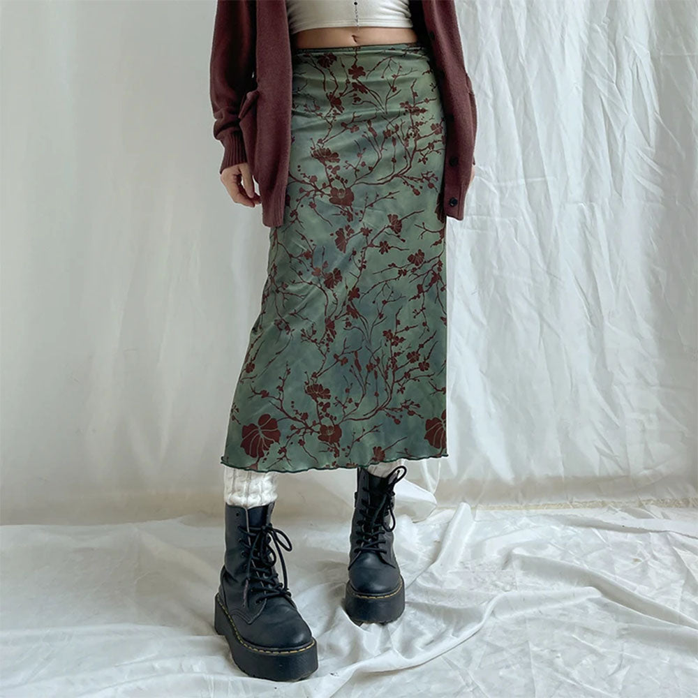 FLORAL MIDI SKIRT FAIRYCORE AESTHETIC