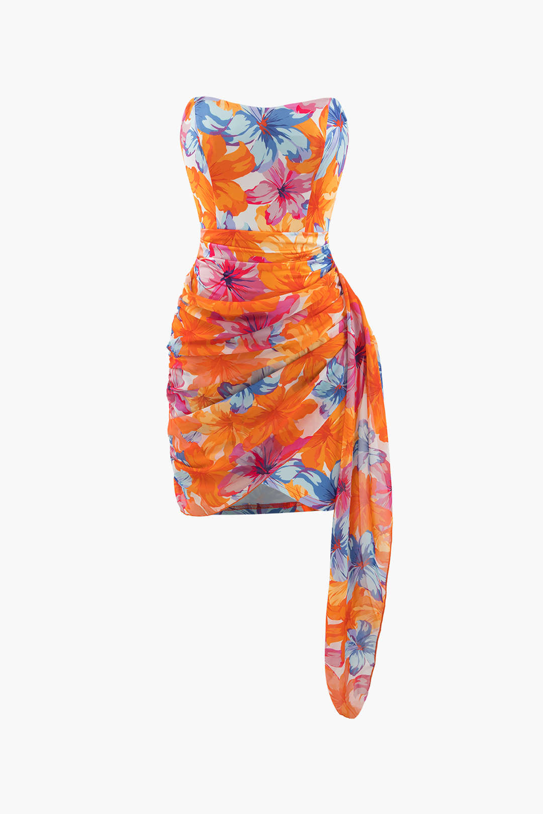 FLORAL MINI DRESS WITH DRAPED SIDE FOR A LASTING IMPRESSION AT SPECIAL OCCASIONS