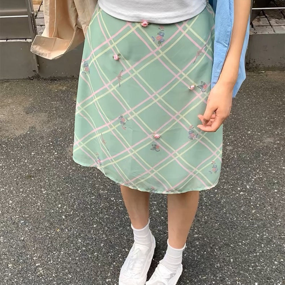FLORAL MINT GREEN CHECKERED SKIRT
