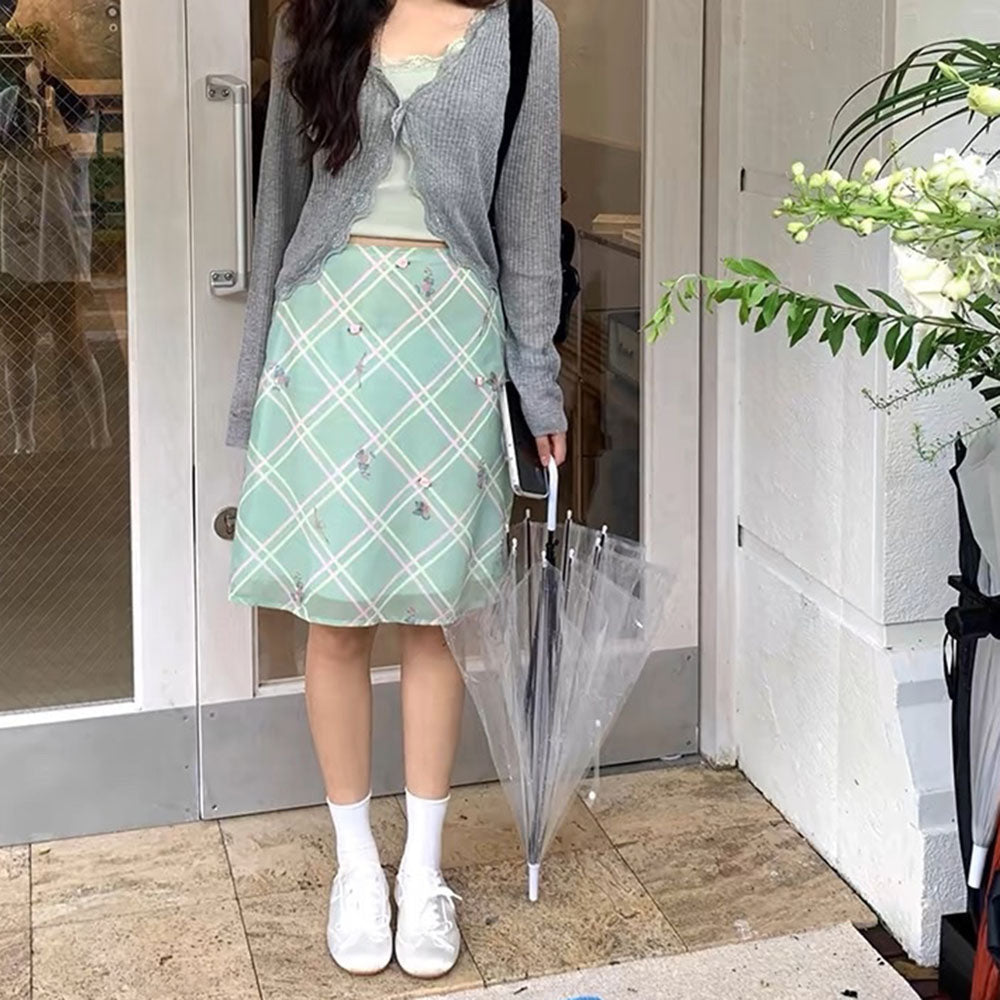 FLORAL MINT GREEN CHECKERED SKIRT