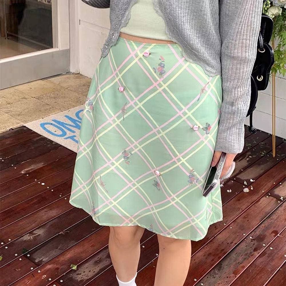 FLORAL MINT GREEN CHECKERED SKIRT