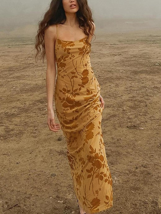 FLORAL PRINT BACKLESS MAXI DRESS WITH YELLOW FRENCH FLORAL DESIGN