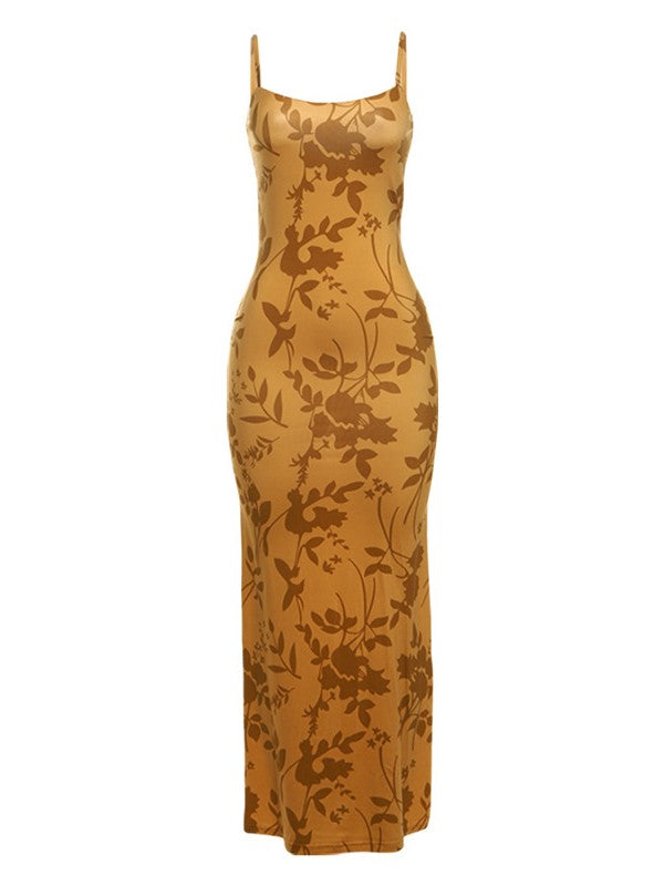 FLORAL PRINT BACKLESS MAXI DRESS WITH YELLOW FRENCH FLORAL DESIGN
