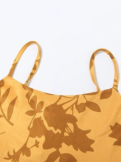 FLORAL PRINT BACKLESS MAXI DRESS WITH YELLOW FRENCH FLORAL DESIGN