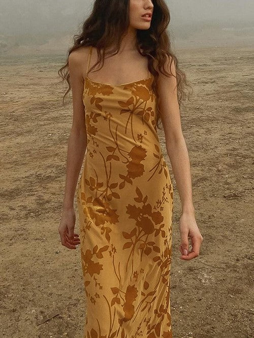 FLORAL PRINT BACKLESS MAXI DRESS WITH YELLOW FRENCH FLORAL DESIGN