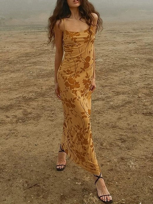 FLORAL PRINT BACKLESS MAXI DRESS WITH YELLOW FRENCH FLORAL DESIGN